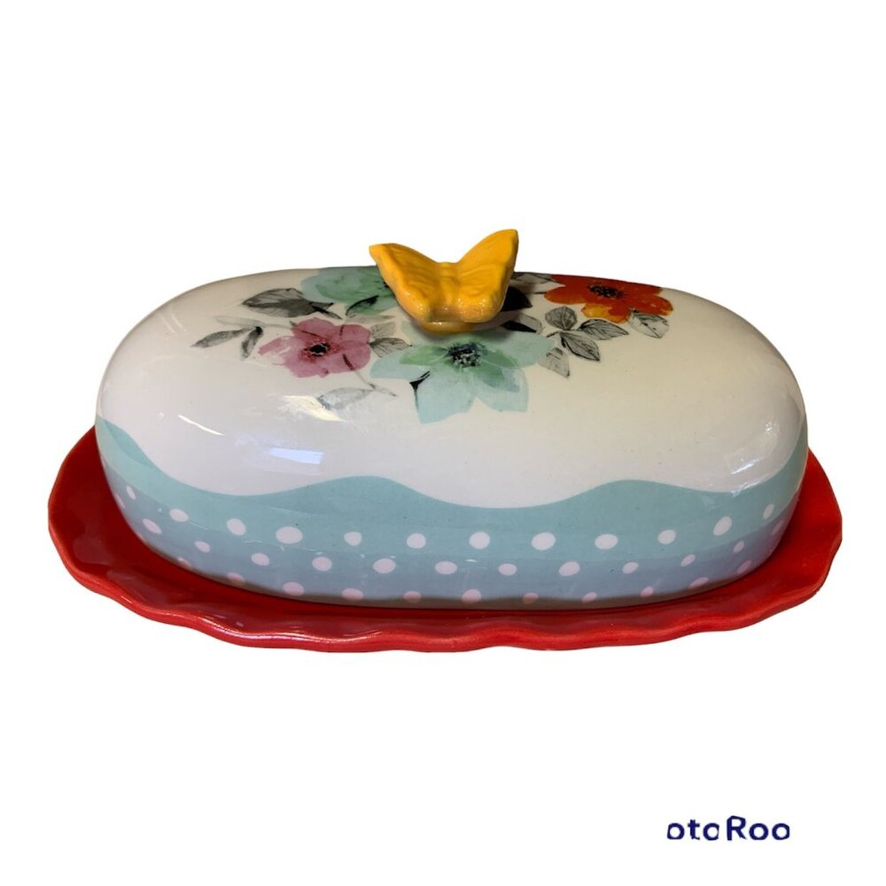 The Pioneer Woman Flea Market Decorated Floral 6.4" Butter Dish Butterfly 2 Pc